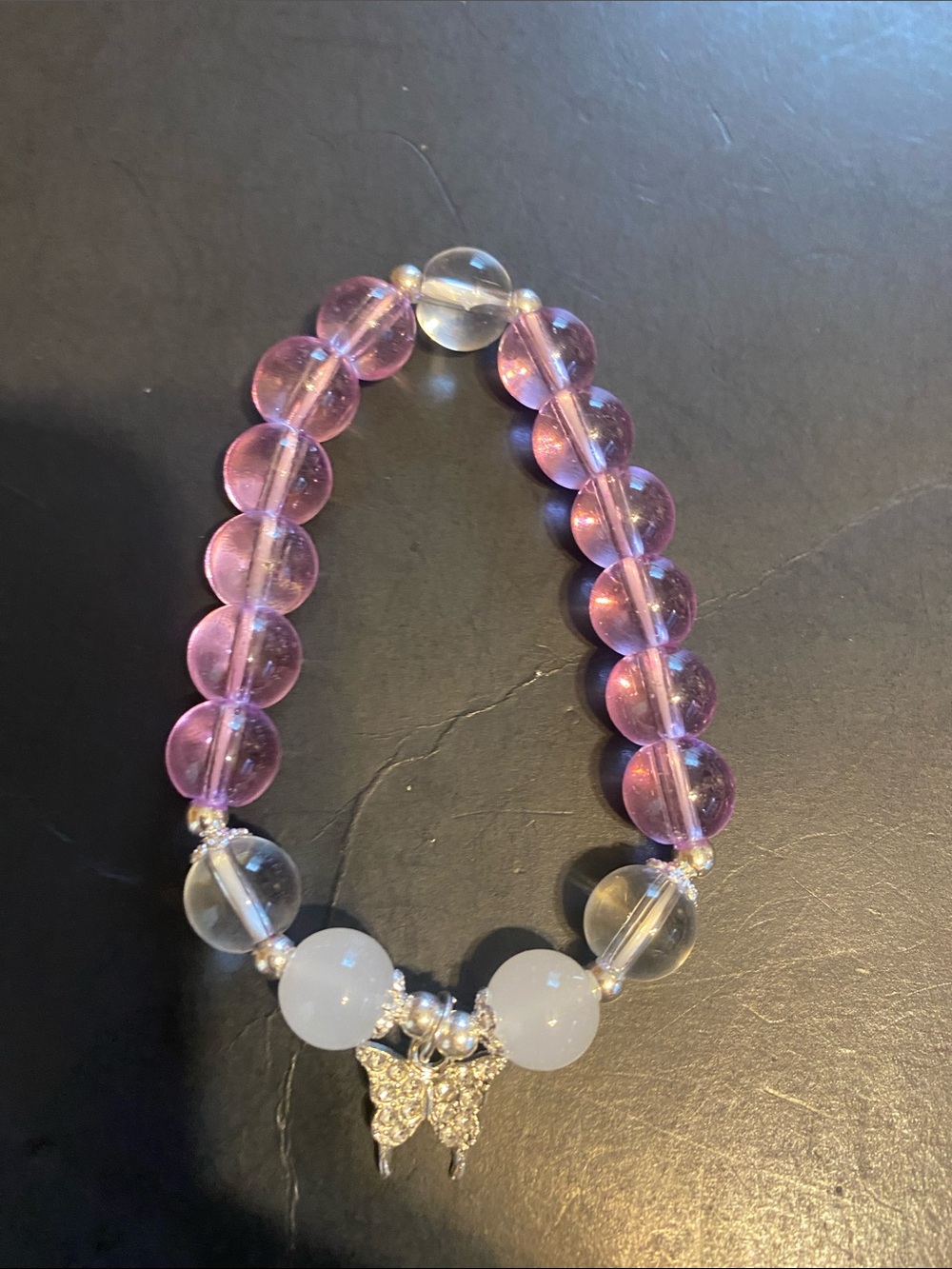 Pink Beaded Bracelet with Clear Accents and Butterfly Charm